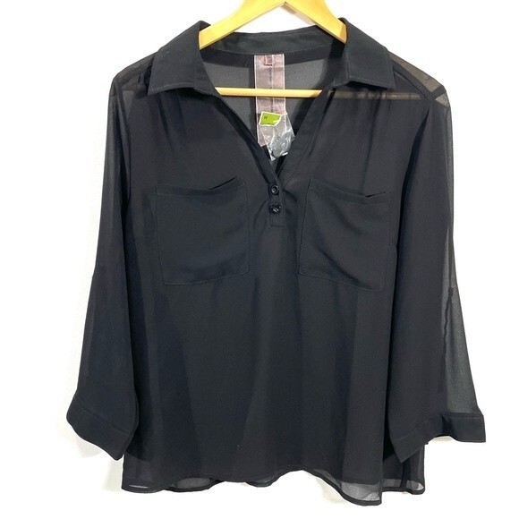 New Sheer Black Split Neck Breast Pocket Blouse - Picture 7 of 10
